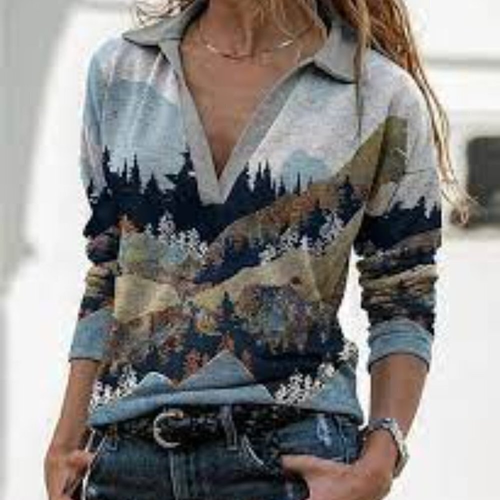 Jiana Womens Collared Top XL Forest Scene 351A